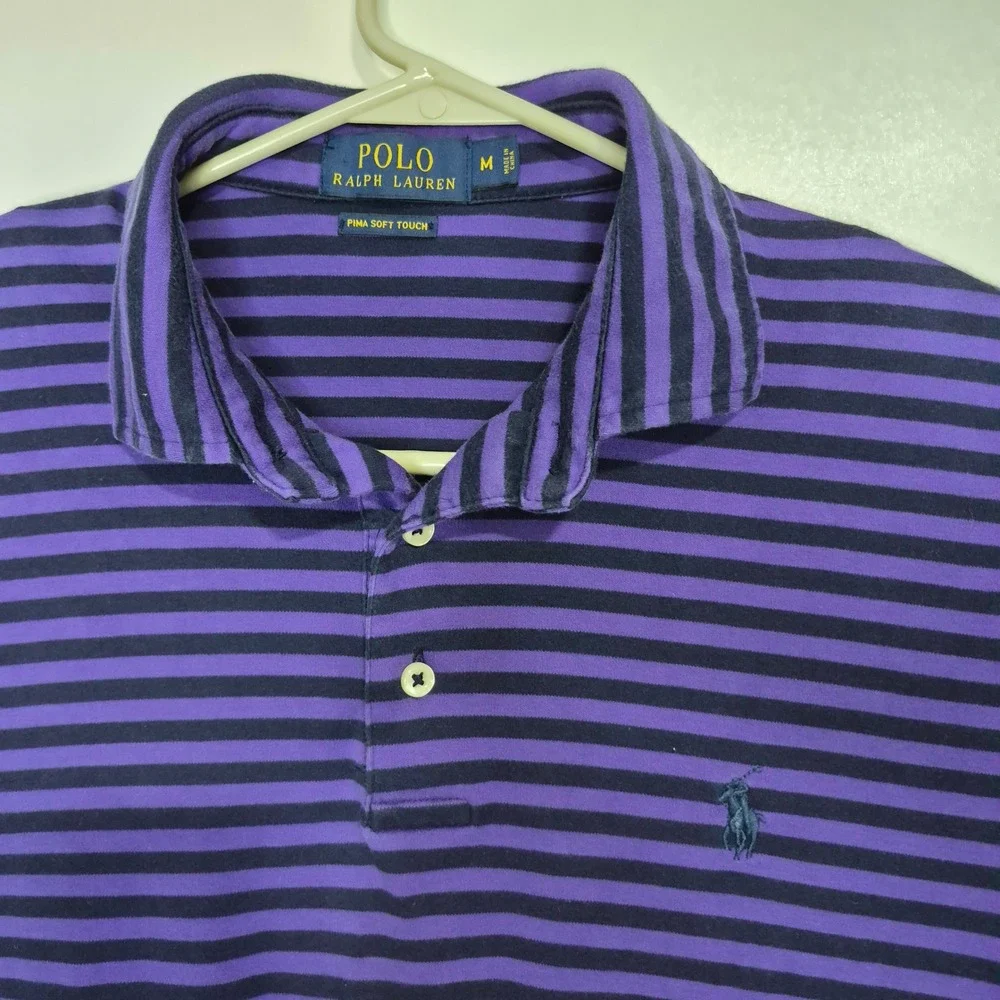 Polo Ralph Lauren Polo Shirt Mens Medium Purple Striped‎ Pima Soft Touch Pony